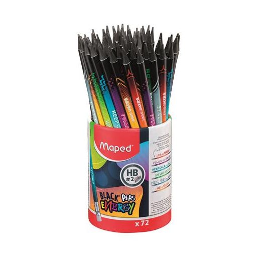 Grafitceruza radírral, ceruzatartó, HB, háromszögletű, MAPED "Black'Peps Energy", 6 különböző minta