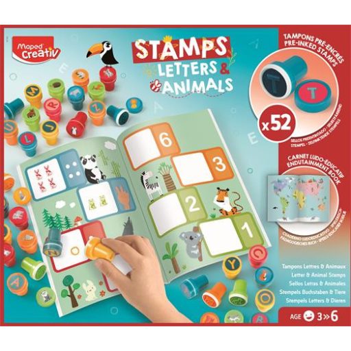 Nyomdázó készlet, foglalkoztató füzettel, betűk és állatok, MAPED CREATIV "Stamps"