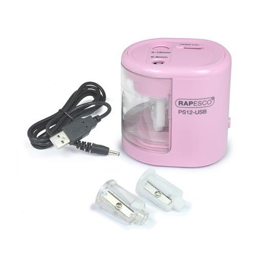 Hegyező, kétlyukú, asztali, elemes, USB töltővel, RAPESCO"PS12-USB", világos rózsaszín