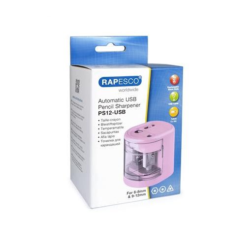Hegyező, kétlyukú, asztali, elemes, USB töltővel, RAPESCO"PS12-USB", világos rózsaszín