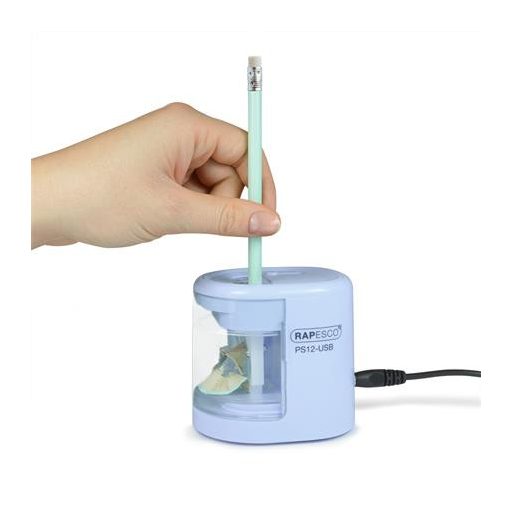 Hegyező, kétlyukú, asztali, elemes, USB töltővel, RAPESCO"PS12-USB", világoskék