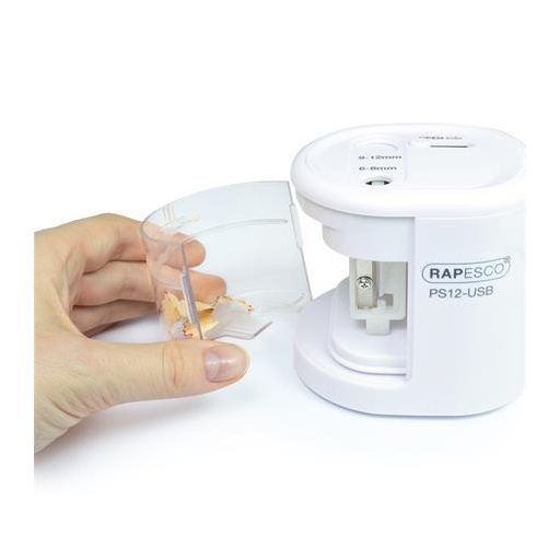 Hegyező, kétlyukú, asztali, elemes, USB töltővel, RAPESCO"PS12-USB", fehér