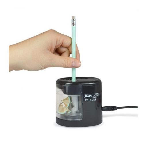 Hegyező, kétlyukú, asztali, elemes, USB töltővel, RAPESCO"PS12-USB", fekete