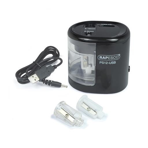Hegyező, kétlyukú, asztali, elemes, USB töltővel, RAPESCO"PS12-USB", fekete