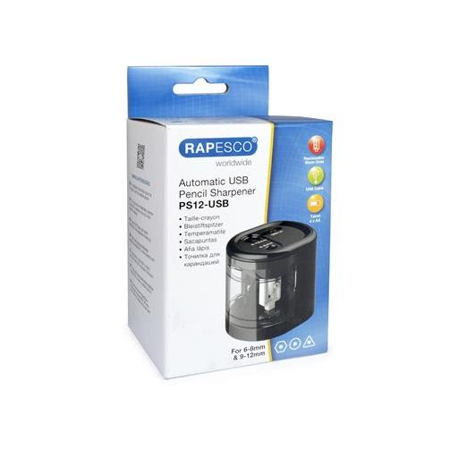 Hegyező, kétlyukú, asztali, elemes, USB töltővel, RAPESCO"PS12-USB", fekete