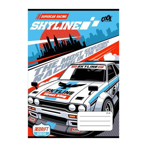 Füzet, tűzött, A5, kockás, 32 lap, COOL BY VICTORIA "Race cars", "27-32"