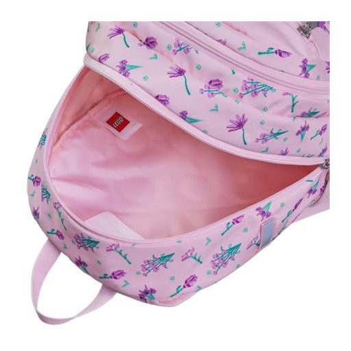 Hátizsák, dulpa rekeszes, LEGO "Flowers", rózsaszín-mintás