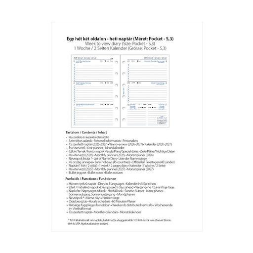 Kalendárium betét, tervező, Filofaxhoz, pocket méret, heti, 1 hét/2 oldal, 2026