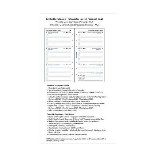 Kalendárium betét, tervező, Filofaxhoz, personal méret, heti, 1 hét/2 oldal, 2026