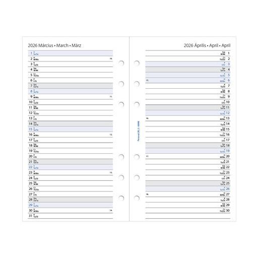 Kalendárium betét, tervező, Filofaxhoz, personal méret, heti, 1 hét/2 oldal, 2026