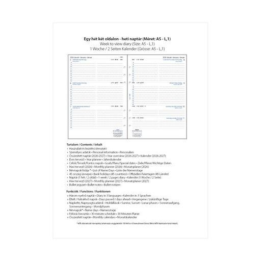 Kalendárium betét, tervező, Filofaxhoz, A5, heti, 1 hét/2 oldal, 2026