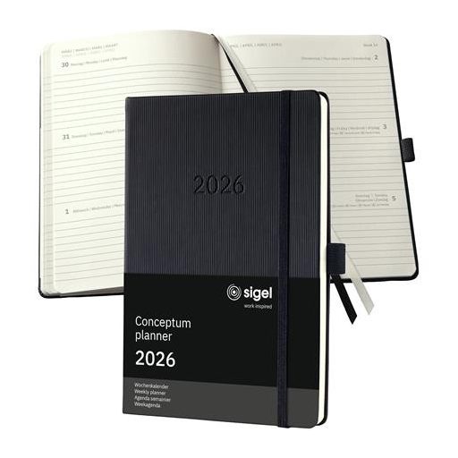 Naptár, A5, heti, 2026, kemény borító, SIGEL "Conceptum", fekete