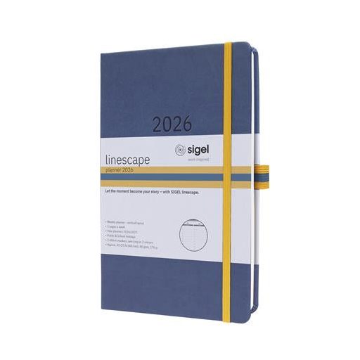 Naptár, A5, heti, 2026, kemény borító, SIGEL "Linescape", kék-sárga