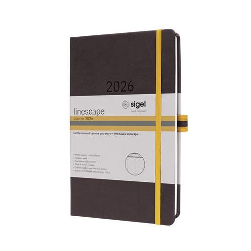 Naptár, A5, heti, 2026, kemény borító, SIGEL "Linescape", szürke-sárga