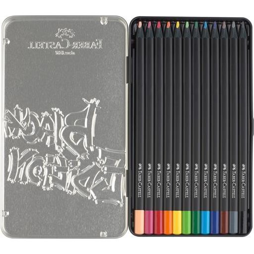 Színes ceruza készlet, háromszögletű, fémdobozban, FABER-CASTELL "Black Edition",  12 különböző szín