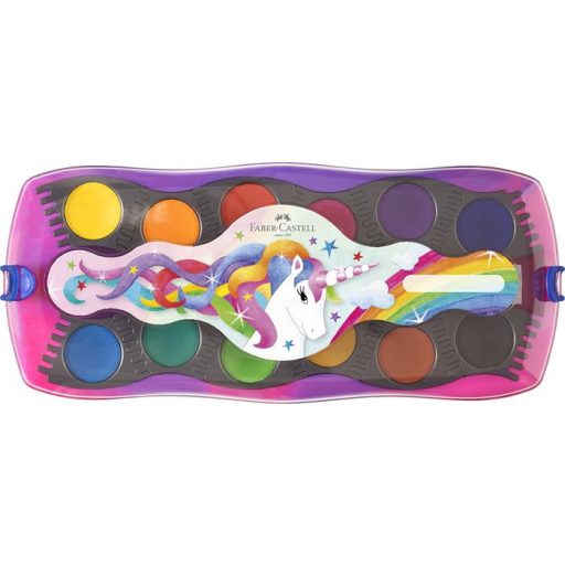 Vízfesték, 12 darabos, összeilleszthető, FABER-CASTELL "Unikornis"+1 tubus fehér tempera+unikornis matrica