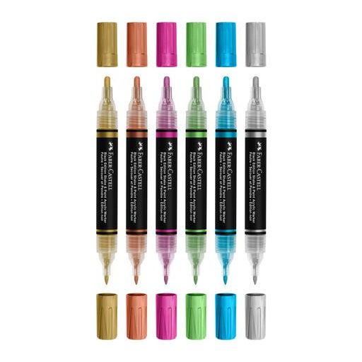 Dekormarker készlet, 1,0/3,0 mm, kétvégű, akril, FABER-CASTELL "Shake&Paint", 6 különböző metál szín