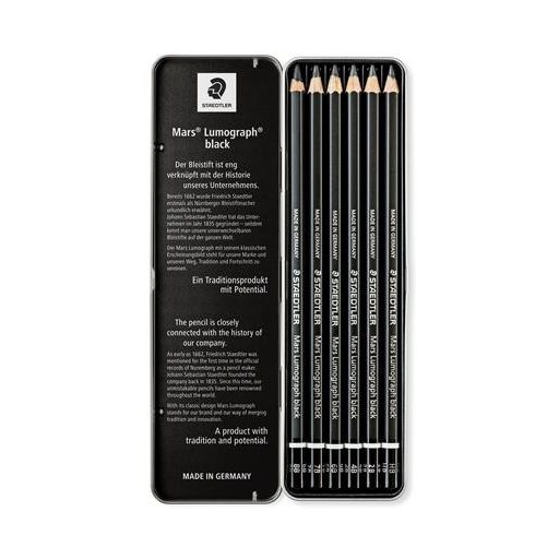 Grafitceruza készlet, fém doboz, hatszögletű, STAEDTLER "Mars Lumograph 100B", 6 különböző keménység, fekete
