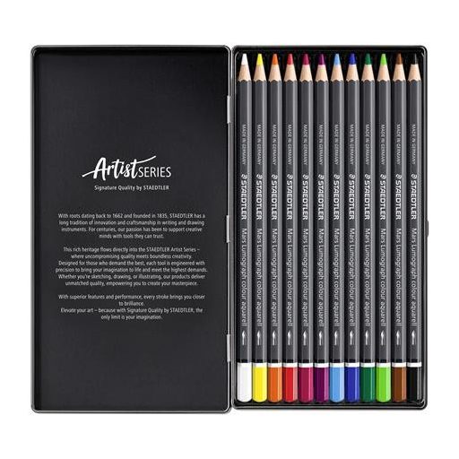 Akvarell színes ceruza készlet, hatszögletű, fémdobozos, STAEDTLER "Mars® Lumograph® 104", 12 különböző szín
