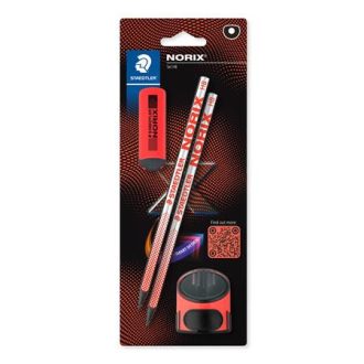   Grafitceruza készlet, hegyezővel, radírral, HB, STAEDTLER "Norix® 181", korall piros
