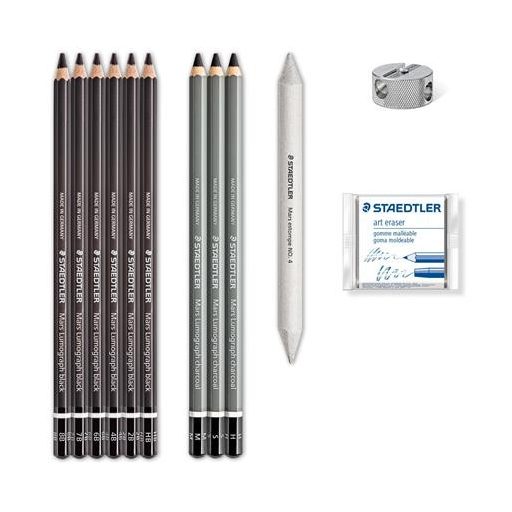 Grafit- és szénceruza készlet, kiegészítőkkel, 12 darabos, STAEDTLER "Mars® Lumograph® 100C"