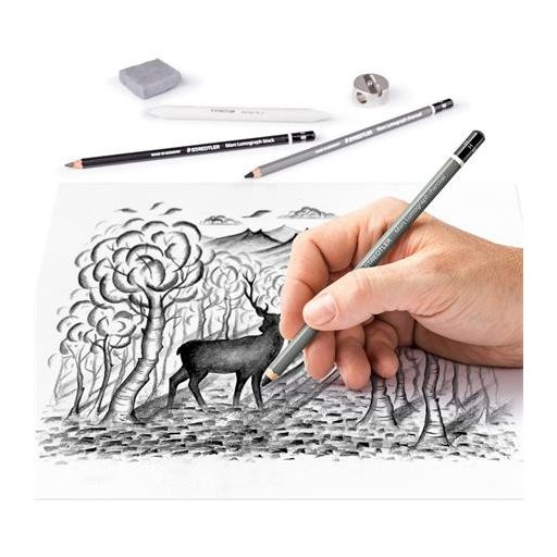 Grafit- és szénceruza készlet, kiegészítőkkel, 12 darabos, STAEDTLER "Mars® Lumograph® 100C"