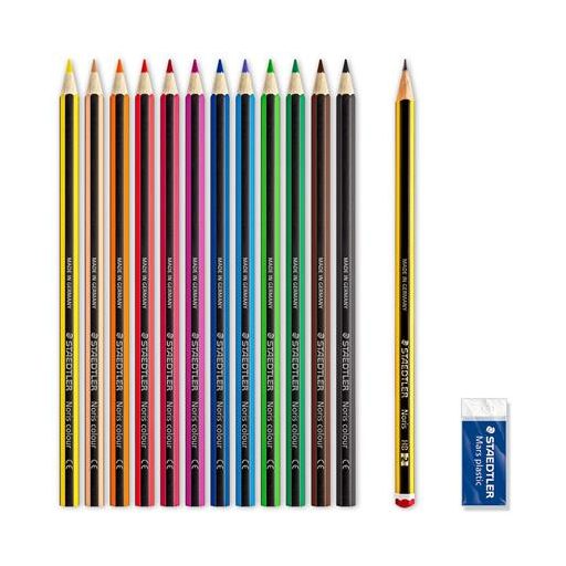 Színes ceruza készlet, hatszögletű, ajándék grafitceruzával és radírral, STAEDTLER "Noris 185", 12 különböző szín