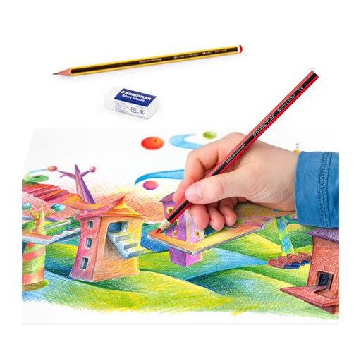 Színes ceruza készlet, hatszögletű, ajándék grafitceruzával és radírral, STAEDTLER "Noris 185", 12 különböző szín