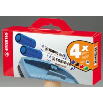   Táblamarker készlet, 2,5-3,5 mm, kúpos, szivaccsal, STABILO "Plan", 4 különböző szín