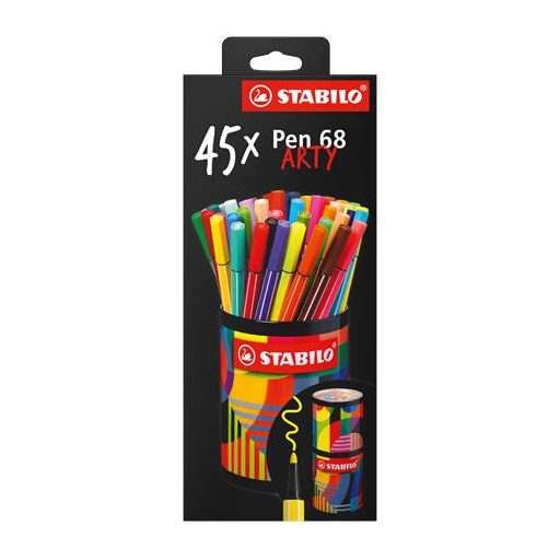 Filctoll készlet, hengeres fém doboz, 1 mm, STABILO "Pen 68 ARTY", 45 különböző szín