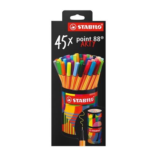 Tűfilc készlet, hengeres fém doboz, 0,4 mm, STABILO "point 88 ARTY", 45 különböző szín