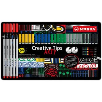   Tűfilc készlet, fém doboz, STABILO "Creative Tips ARTY", 6 különböző szín, 5 különböző vastagság