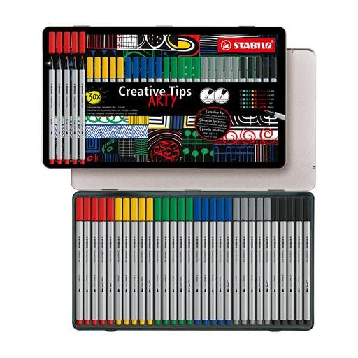 Tűfilc készlet, fém doboz, STABILO "Creative Tips ARTY", 6 különböző szín, 5 különböző vastagság