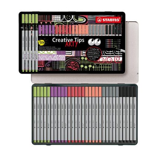 Tűfilc készlet, fém doboz, STABILO "Creative Tips ARTY", 6 különböző pasztell szín, 5 különböző vastagság