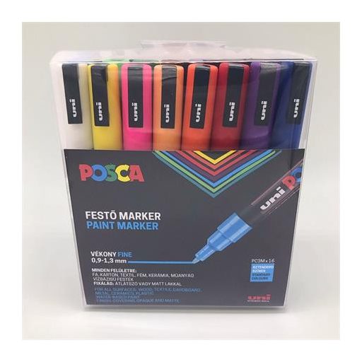 Dekormarker készlet, 0,9-1,3 mm, UNI "Posca PC-3M", 16 különböző szín