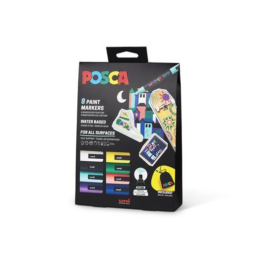 Dekormarker készlet, 1,8-2,5 mm, UNI "Posca Pouch PC-5M", 8 különböző szín, tartóval