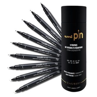   Rajzmarker készlet, UNI PIN "Tube", 9 különböző vonalvastagság, fekete