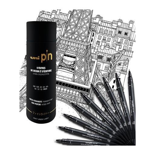 Rajzmarker készlet, UNI PIN "Tube", 9 különböző vonalvastagság, fekete