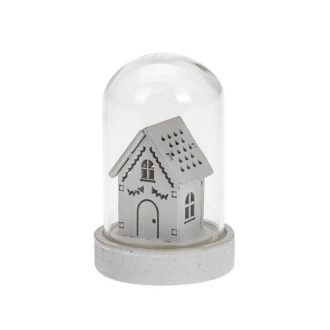   Dekorációs házikó üvegbúrában, LED világítással (fehér, lekerekített ablakokkal)