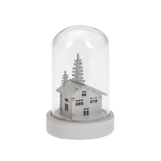   Dekorációs házikó üvegbúrában, LED világítással (fehér, fenyőfákkal)