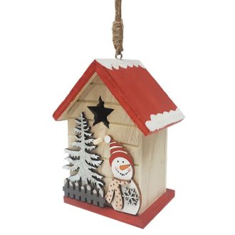 Dekorációs házikó piros tetővel (fenyőfa hóemberrel)