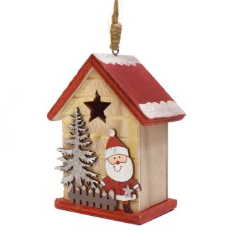 Dekorációs házikó piros tetővel (fenyőfa Mikulással)
