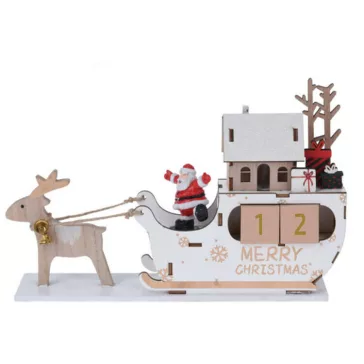   Dekorációs figura, adventi naptár (fehér Mikulás szán rénszarvassal, LED világítású kis házikóval, Merry Christmas felirattal)