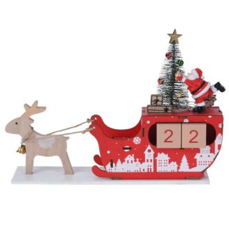   Dekorációs figura, adventi naptár (piros Mikulás szán rénszarvassal, LED világítású karácsonyfával és Mikulással)