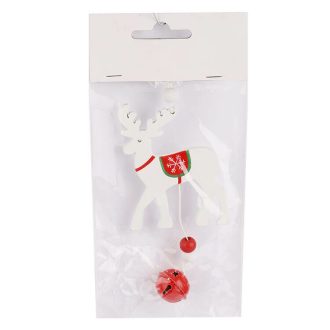   Karácsonyfadísz (fehér rénszarvas és piros csengő, zöld-piros nyereggel)