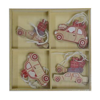   Karácsonyfadísz (8db-os natúr autó, piros ajándék dobozokkal)