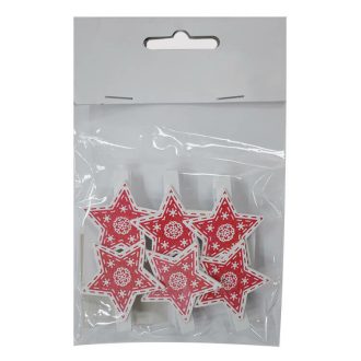   Karácsonyi dekorációs csipesz (6 db-os, piros-fehér csillag)
