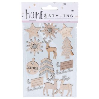   Karácsonyi dekorációs figura (natúr színű öntapadós díszek ezüst csillámporos díszítéssel)
