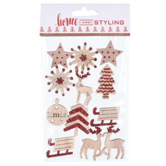   Karácsonyi dekorációs figura (natúr színű öntapadós díszek piros csillámporos díszítéssel)