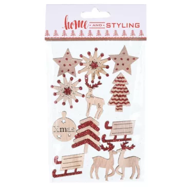   Karácsonyi dekorációs figura (natúr színű öntapadós díszek piros csillámporos díszítéssel)